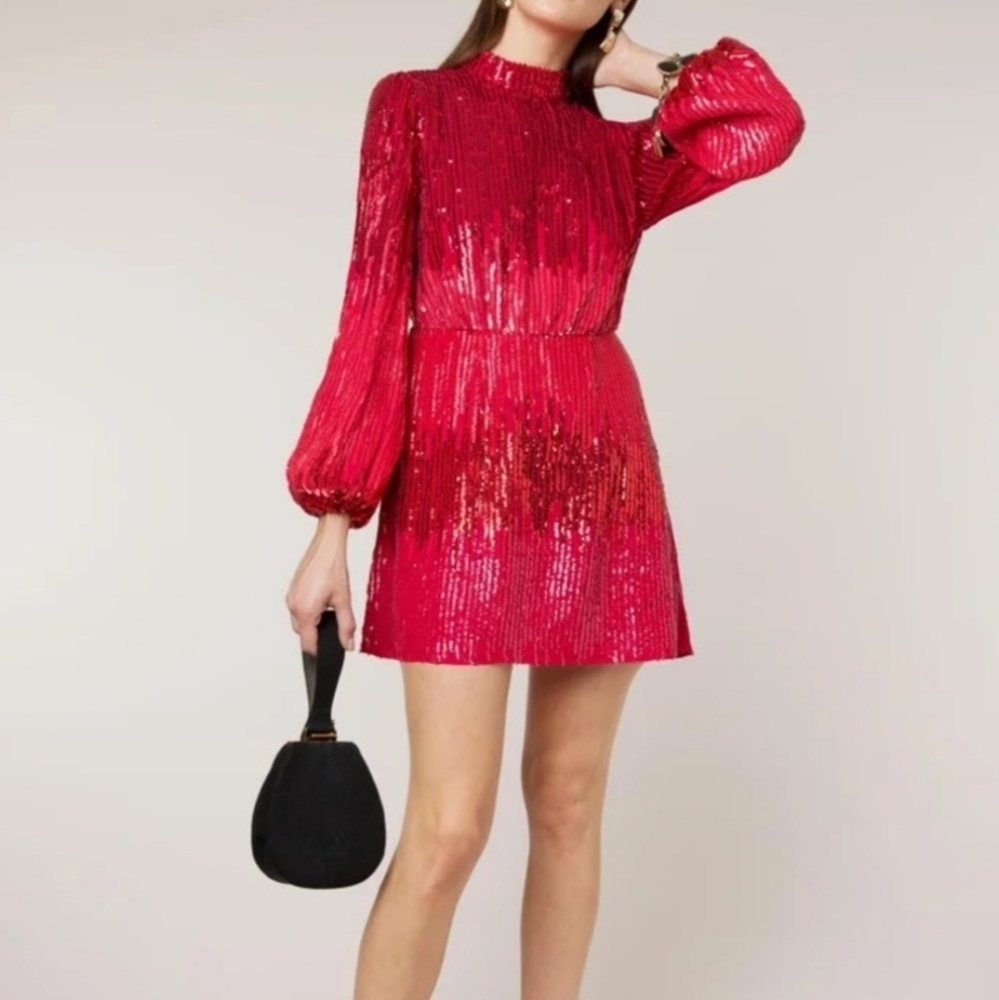 Rixo London Red Sequin Mini Dress Women's Size Large Long-sleeved